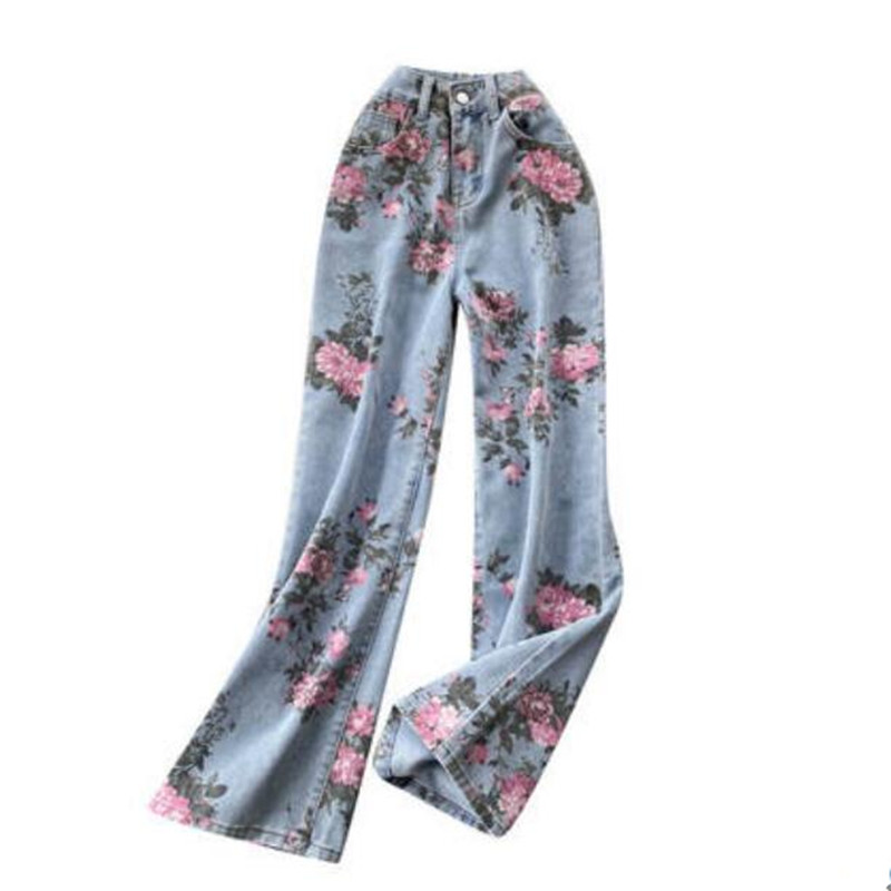 Flowers Printed Wide Leg Jeans For Women Vintage High Waist Fashion Casual Loose Denim Pants Female Trousers s225